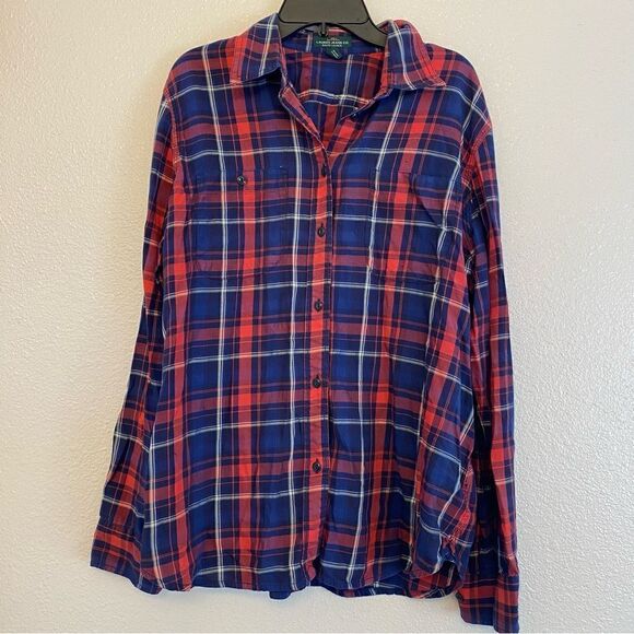 Lauren Jeans Co. Ralph Lauren red white Blue Striped Plaid Button Up Shirt-L - Picture 1 of 8